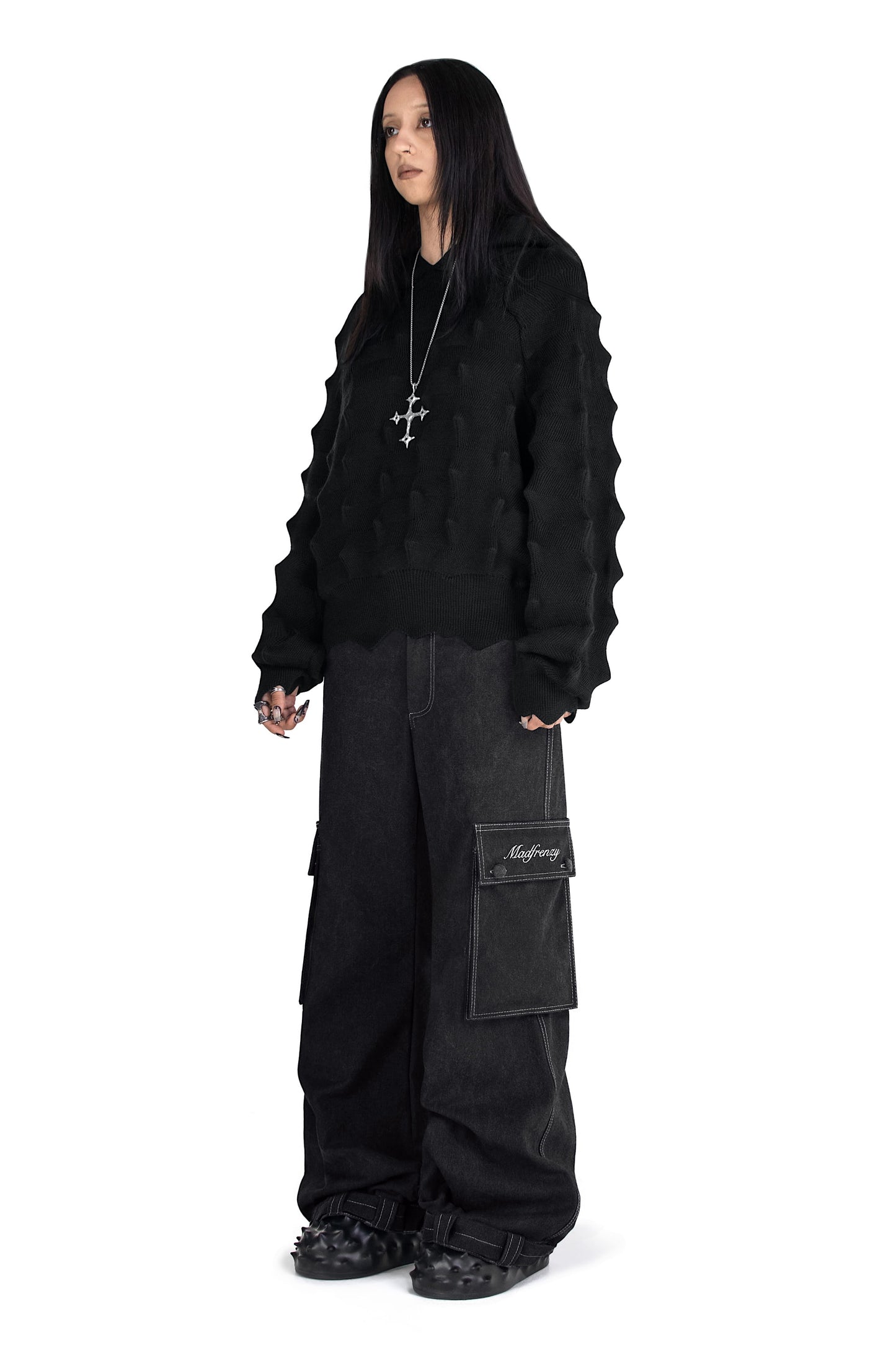 SPIKED KNIT HOODIE BLACK